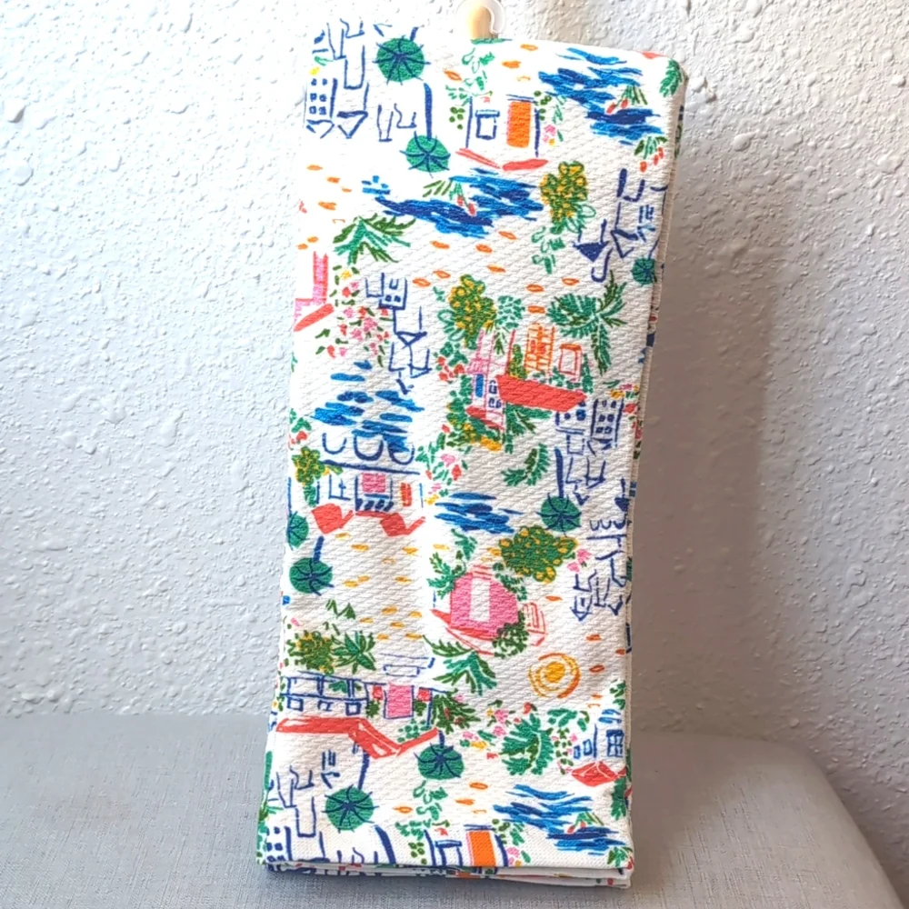 NWT Kate Spade Buildings and Floral Pattern 100% Cotton Kitchen Towel Set of 2